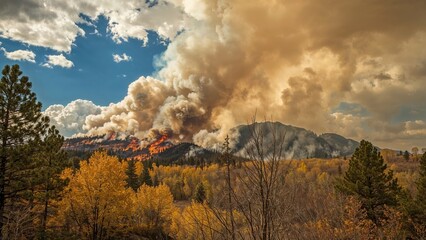 Wildfire on a mountain with smoke and flames, surrounded by autumn trees and partly cloudy skies. Forest fire, nature, and environmental hazard.