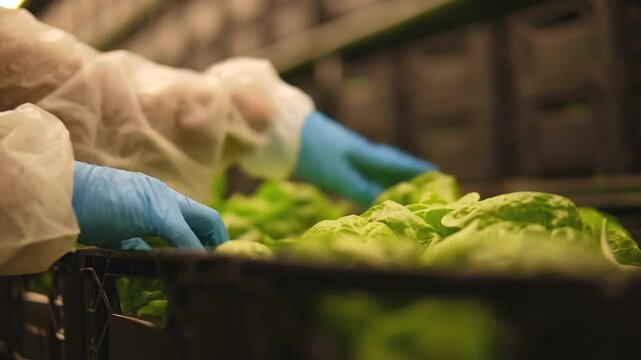 Worker in protective gear carefully harvesting fresh lettuce from trays, showcasing meticulous agricultural practices, camera zooms in on hands