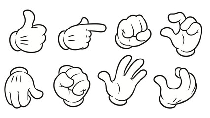 Eight cartoon gloved hands showing various gestures and poses, isolated on a white background.