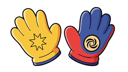 Cartoon illustration of two colorful gloves, one yellow with a star and one red and blue with a spiral design.