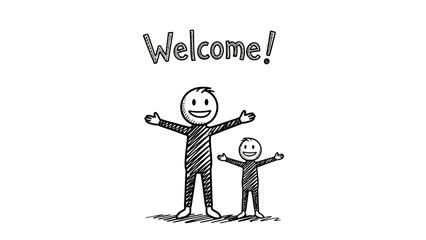 A hand-drawn illustration of two smiling stick figures, an adult and a child, with outstretched arms, beneath the word 