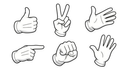Six cartoon hands in white gloves showing various gestures like thumbs up, peace sign, pointing, fist, and open palms.