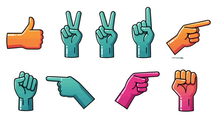A collection of diverse hand gestures depicted in a vibrant, cartoonish illustration style.