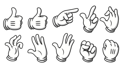 A collection of classic cartoon hands in various gestures and poses, including thumbs up, pointing, and a fist, on a white background.