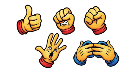Cartoon hands showing various gestures and emotions like thumbs up, clenched fists, and surprised open palm.