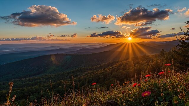 Sunset over mountains with clouds and panoramic view, nature scene, landscape, scenic view.