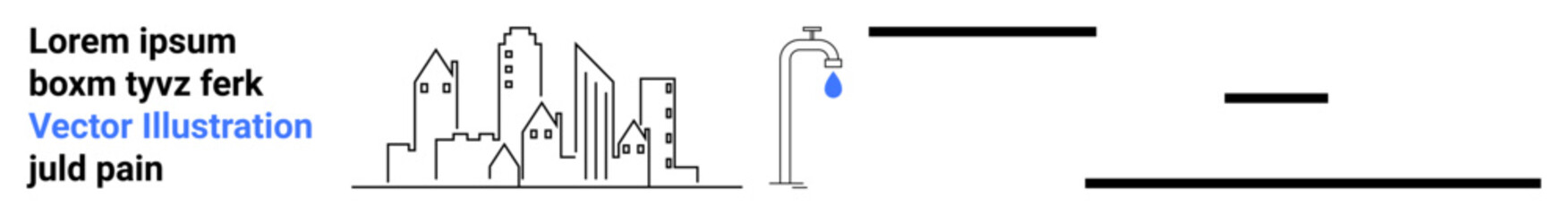 Urban planning, water conservation, environmental awareness, sustainability, resource management, infrastructure. Minimalist city skyline and faucet with dripping water. Water conservation and urban
