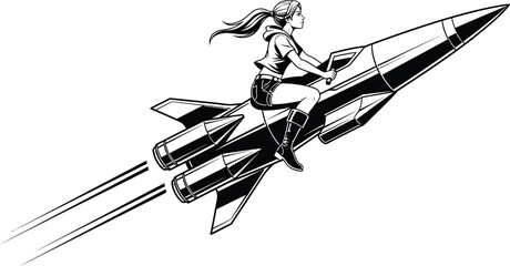 Woman Riding Rocket Fantasy Illustration