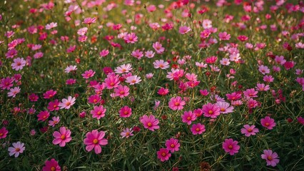 Fototapeta premium A field of pink and purple cosmos flowers in full bloom.
