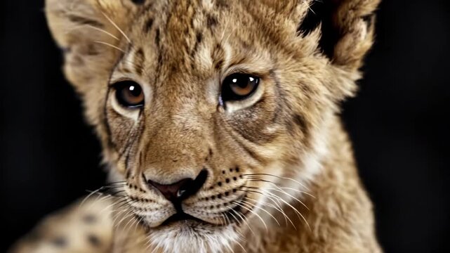 Close Up Portrait Of A Young Lion Cub With Brown Eyes And Spotted Fur Against A Black Background Showing Detailed Whiskers And A Soft Muzzle With Gentle Lighting Highlighting Its Features