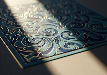 Luxurious Gold Foil Stamped Swirl Pattern on Teal Paper Stock, Featuring Rich Navy Accents and Dramatic Sunlight Highlighting the Embossed Texture and Gilded Detail.