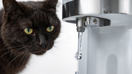 Close-up of black cat with green eyes next to a drip water dispenser.