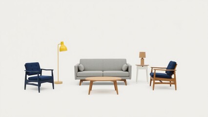 Fototapeta premium A modern living room setup with a grey sofa, wooden coffee table, two armchairs, a side table, and lamps, all against a plain white background.