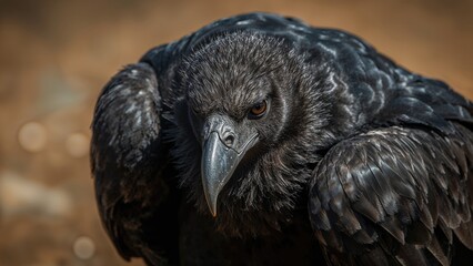 Close-up of a bird of prey, focusing on its head and piercing eyes, showcasing its feathers and sharp beak.