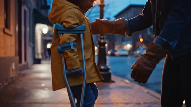 Supportive Adult Helps Child with Crutches on Wet City Street at Dusk