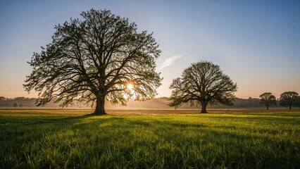 Fototapeta premium Two large trees in a grassy field at sunrise or sunset, with the sun shining through the branches.