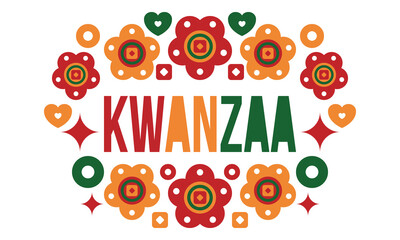 Kwanzaa Happy Celebration. African and African-American culture holiday. Seven days festival, celebrate annual from December 26 to January 1. Black history. Poster, card, banner and background. Vector