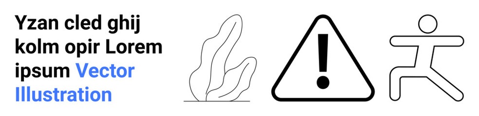 Warning signs, information graphics, safety awareness, walking person, environmental , illustrations. Contains an exclamation sign, plant drawing and walking figure. Warning signs and safety