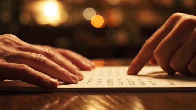 Hands Reading Braille Document in Warm, Inclusive Setting