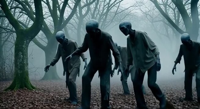Group of Zombies Walking in Foggy Haunted Forest