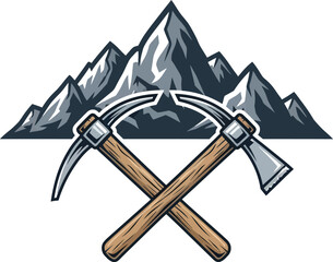 Crossed Pickaxe And Axe Mountain Vector Illustration