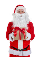 Santa Claus with Christmas gift on white background