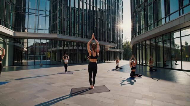 group of people performs synchronized yoga exercises outdoors in front of modern glass business building, moving through stretching and balance poses. yoga practitioners on spacious urban plaza.