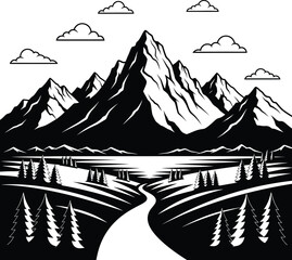Mountain Landscape With River Scenic Vector Illustration