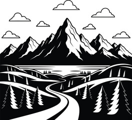 Mountain Landscape With River Scenic Vector Illustration

