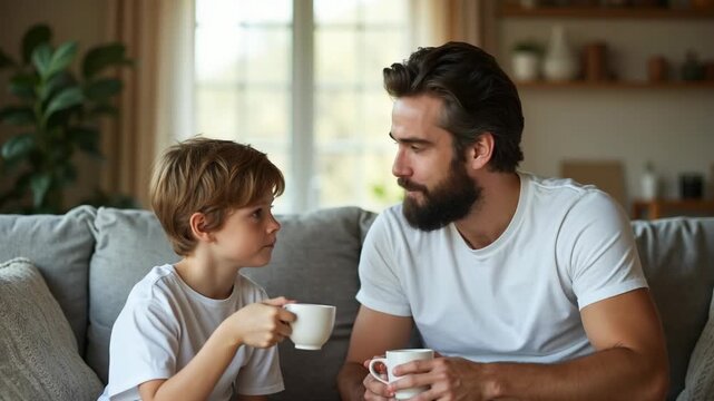 Father and son sitting together in a cozy living room, engaging in a heartfelt conversation while holding coffee cups, wearing casual white t-shirts and showcasing the essence of f.
