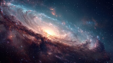 Fototapeta premium Galaxy backdrop with dynamic colors featuring swirling stars and bright light in a vast cosmic space at night