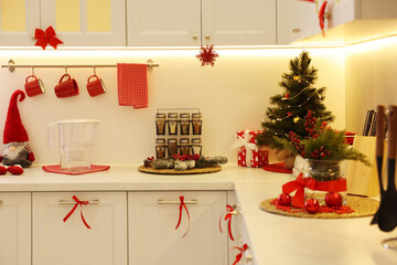 Stylish kitchen with Christmas decor. Interior design
