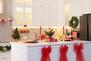 Stylish kitchen with Christmas decor. Interior design