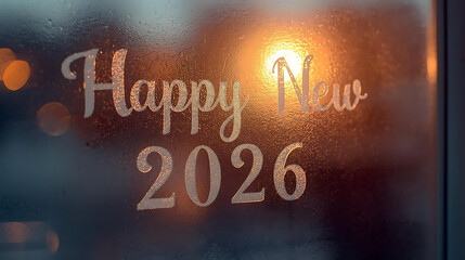 Happy New 2026 etched on frosted window
