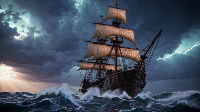 pirate ship sailing through dramatic stormy sea, with lightning illuminating dark skies. ship sails billow in wind. historic pirate ship in stormy ocean, with lightning flashing in the background.