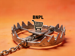  a heavy bear trap glowing with a friendly &ldquo;BNPL &ndash; Buy Now Pay Later&rdquo; icon.