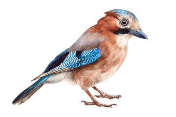 Detailed Eurasian Jay hand drawn watercolor bird illustration