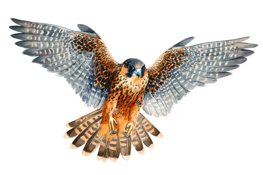 Hobby Falcon in flight hand drawn watercolor bird painting