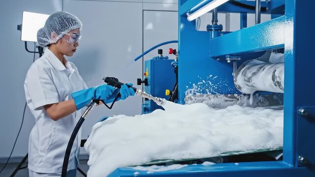 Worker operates industrial cleaning machine, spraying foam onto surface, showcasing effective cleaning process with dynamic camera movement
