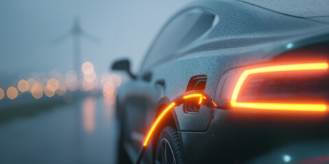 EV charging connection illuminated by orange light on a moody evening with wind power generation visible