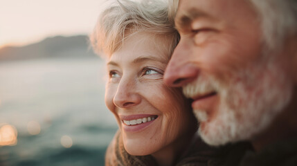 Fototapeta premium Close up of Happy Mature Woman and Man Looking Out at Golden Horizon