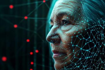 Interacting with digital holographic interface in futuristic virtual space innovation scene, generative ai