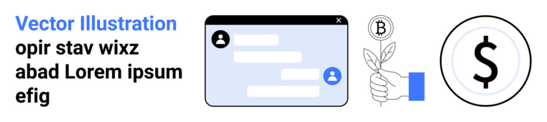 Fototapeta premium Digital communication, cryptocurrency, online transactions, financial growth, user interface, modern economy. Chat window with avatars, a hand holding a plant with a coin, and a dollar symbol