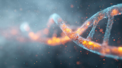 Glowing DNA Double Helix Structure Depicted by Orange and Blue Particles