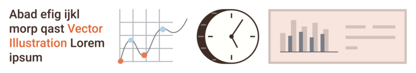 Fototapeta premium Data visualization, business analytics, time tracking, workflow organization, scheduling, project management. Graphs, clock and bar chart with abstract text elements. Data visualization and business