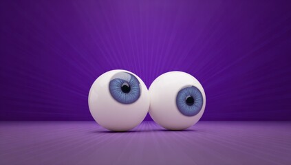 Two realistic eyeballs with blue irises on vibrant purple background