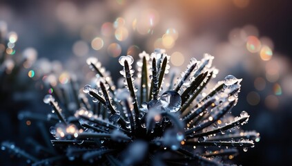 Pine needles crowned with glittering dew drops
