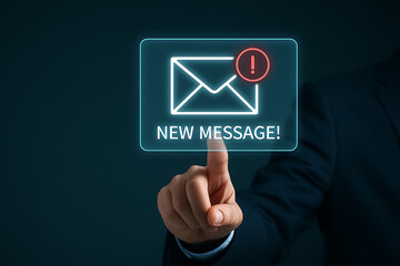 Finger touching a new message email notification icon displayed on a holographic blue glowing screen indicating incoming communication or mail