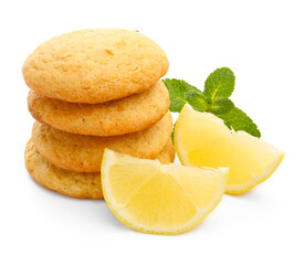 Tasty lemon cookies, mint and fruit slices isolated on white