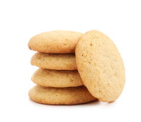 Many tasty lemon cookies isolated on white